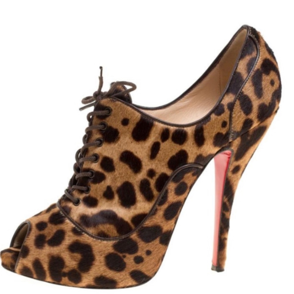 Leopard Print Peep-Toe Lace-Up High Heel Pump - Brown